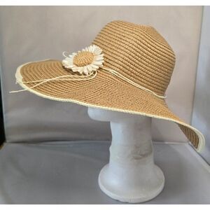 Wide Brim Floppy Straw Hat Daisy Flower Accent Natural Beige Summer beach nautic